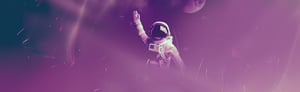 An astronaut in space, surrounded by a purple background depicting the fascination and vastness of outer space.
