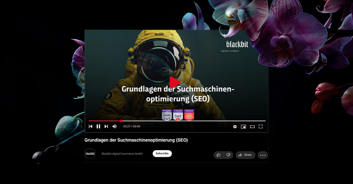 Screenshot of a YouTube video from Blackbit digital Commerce GmbH. The thumbnail shows a person in a yellow spacesuit with a helmet in front of a dark green background. The title of the video is 'Basics of search engine optimization (SEO)'. The video player shows a running time of 03:27 and contains the usual YouTube controls such as play/pause, volume and full screen. Below the video is the channel name with a subscribe button and interaction buttons (like, share, etc.). The image is embedded in a dark background with decorative purple-blue orchid flowers at the edges.