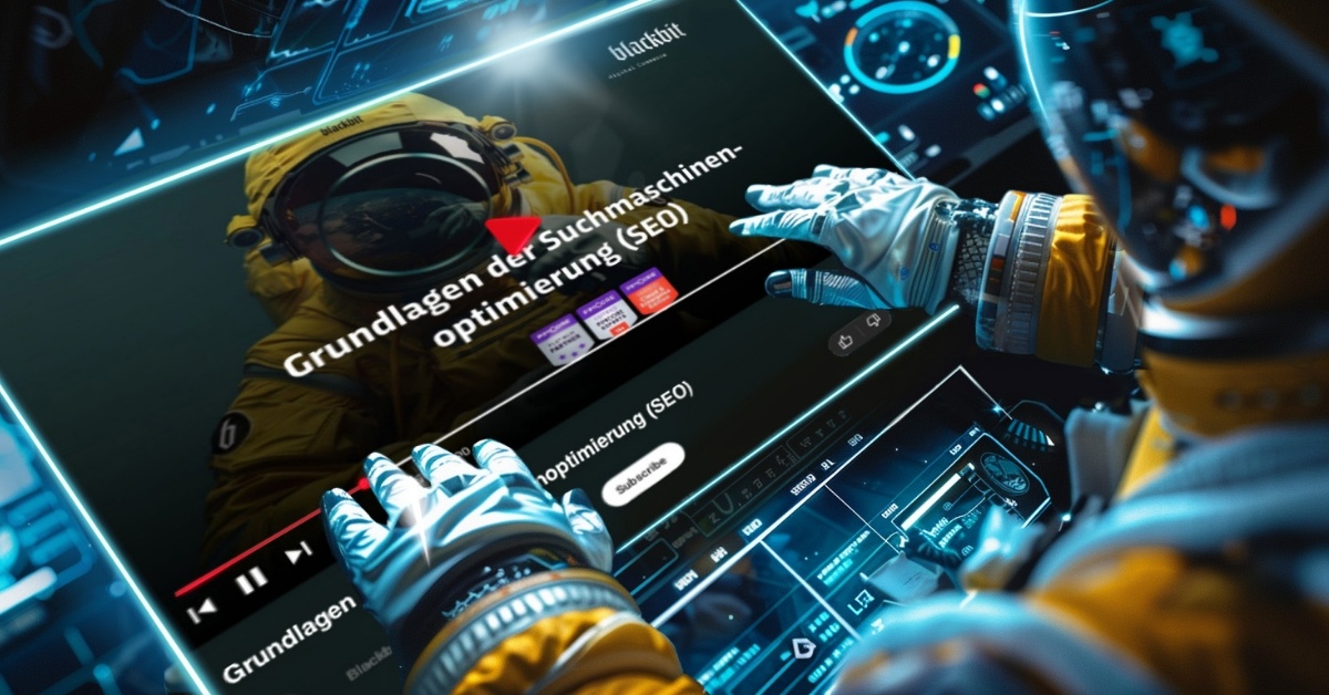 Blackbit Academy SEO YouTube Tutorial: Astronaut bedient futuristischen Touchscreen mit dem Titel 'Grundlagen der Suchmaschinenoptimierung'