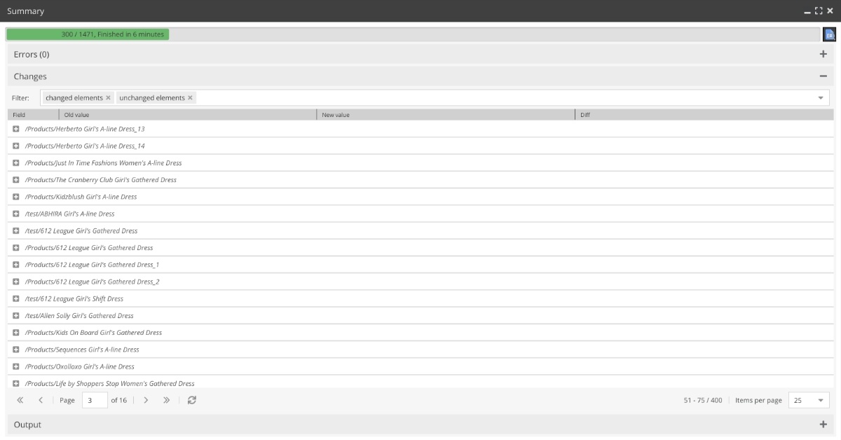 Dieses Bild zeigt das Zusammenfassungsfenster des Data Directors in Form einer Tabelle. Die Tabelle enthält Informationen zu verschiedenen Produkten oder Datensätzen. In der linken Spalte sind die Produktnamen oder Datensatzbeschreibungen aufgelistet. In den anderen Spalten sind weitere Kennzahlen oder Details zu den Produkten/Datensätzen angegeben, wie z.B. Neue Werte, Änderungen und Unterschiede. Oben im Bild befindet sich eine Zusammenfassungszeile mit den Titeln „Summary“ und „Errors (0)“. 