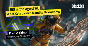 Visual of an astronaut in a yellow spacesuit with a magnifying glass examining a digital network. Text: 'SEO in the age of AI: What companies need to know now. Free webinar - Thursday, July 24, 3 p.m.