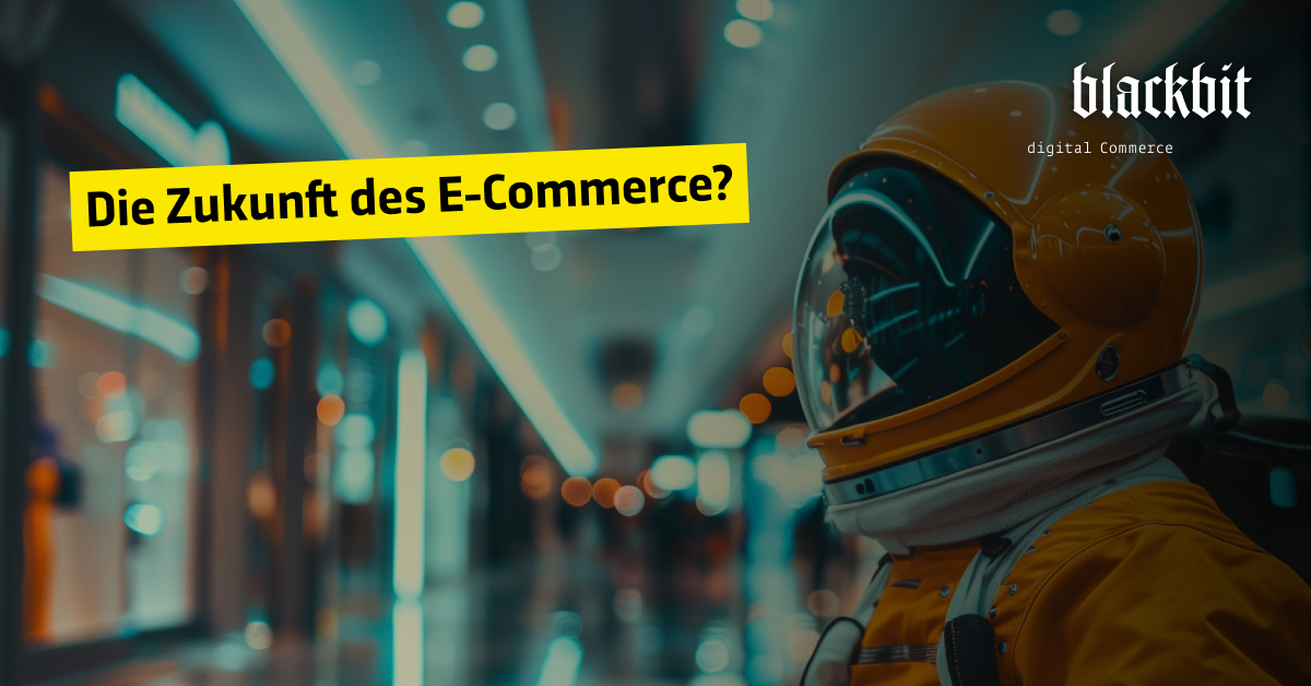 Astronaut in Einkaufszentrum mit dem Schriftzug ‚Die Zukunft des E-Commerce?‘ – Symbolbild für KI im Handel
