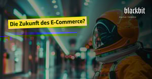 Astronaut in Einkaufszentrum mit dem Schriftzug ‚Die Zukunft des E-Commerce?‘ – Symbolbild für KI im Handel