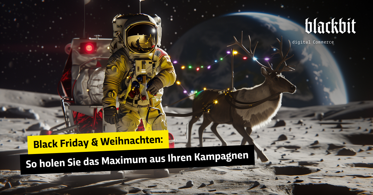 Astronaut mit Rentier und Schlitten auf einem Planeten, die Erde ist im Hintergrund zu sehen.