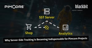 Graphic showing server-side tracking architecture: A shop sends data to analytics systems via an SST server. In the background, a futuristic astronaut and logos from Pimcore and Blackbit.