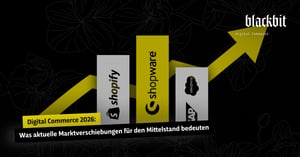 Die Grafik zeigt den Aufstieg von Shopify, Shopware und SAP im digitalen Handel 2026 mit einem gelben Pfeil.