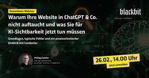 Ein Werbebanner für ein kostenloses Webinar über KI-Sichtbarkeit am 26.02. um 14:00 Uhr mit Philipp Zettler.
