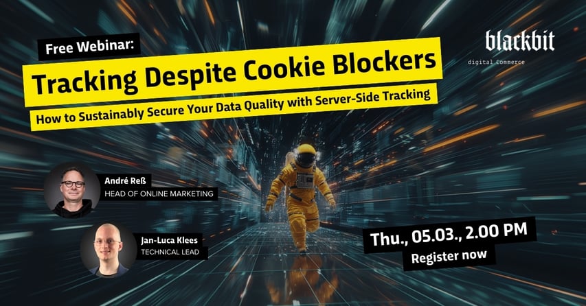 An astronaut walks through a digital tunnel, flanked by details about a webinar on tracking and data quality.