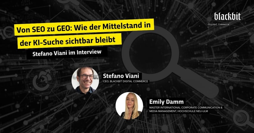 Stefano Viani spricht im Interview über Sichtbarkeit in der KI-Suche, mit Porträts von ihm und Emily Damm vor einem digitalen Hintergrund.