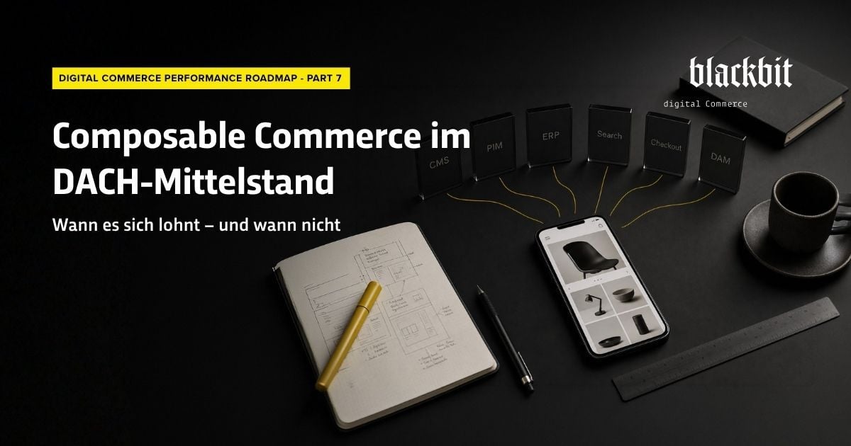 Visualisierung von Composable Commerce: Ein zentrales Smartphone ist über gelbe Linien netzwerkartig mit sechs modular beschrifteten Funktionsblöcken (wie CMS, PIM, ERP) verbunden.