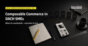 Visualisation of Composable Commerce: A central smartphone is connected via yellow lines, in a network-like configuration, to six modularly labelled functional blocks (such as CMS, PIM, ERP).