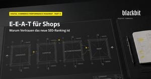 Blaupausen-Grafik mit den vier E-E-A-T-Säulen Experience, Expertise, Authoritativeness, Trust – Titelbild „E-E-A-T für Shops