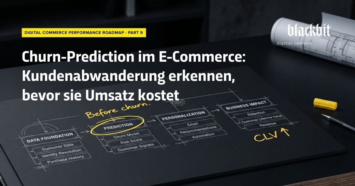 Blackbit Digital Commerce Performance Roadmap, Teil 9: Titelgrafik „Churn-Prediction im E-Commerce: Kundenabwanderung erkennen, bevor sie Umsatz kostet" vor einer skizzierten Roadmap mit den Stationen Data Foundation, Prediction, Personalization und Business Impact.