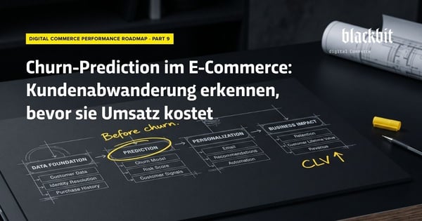 Blackbit Digital Commerce Performance Roadmap, Teil 9: Titelgrafik „Churn-Prediction im E-Commerce: Kundenabwanderung erkennen, bevor sie Umsatz kostet" vor einer skizzierten Roadmap mit den Stationen Data Foundation, Prediction, Personalization und Business Impact.