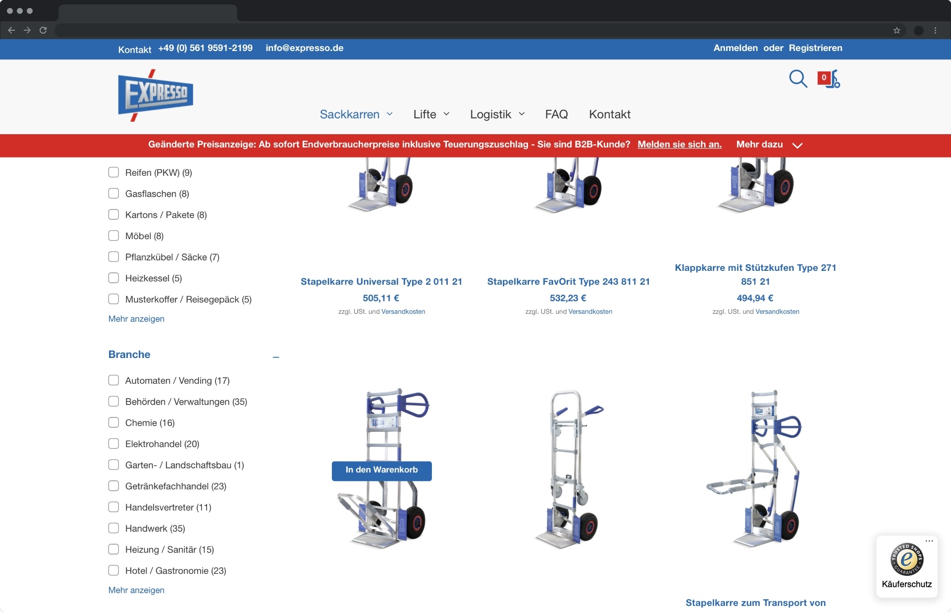 Das Bild zeigt eine Produktseite auf der Website von EXPRESSO mit verschiedenen Transportwagen oder Sackkarren. Zu jedem Artikel werden wichtige Details wie Preis, Produktmerkmale und Konfigurationsoptionen bereitgestellt. 