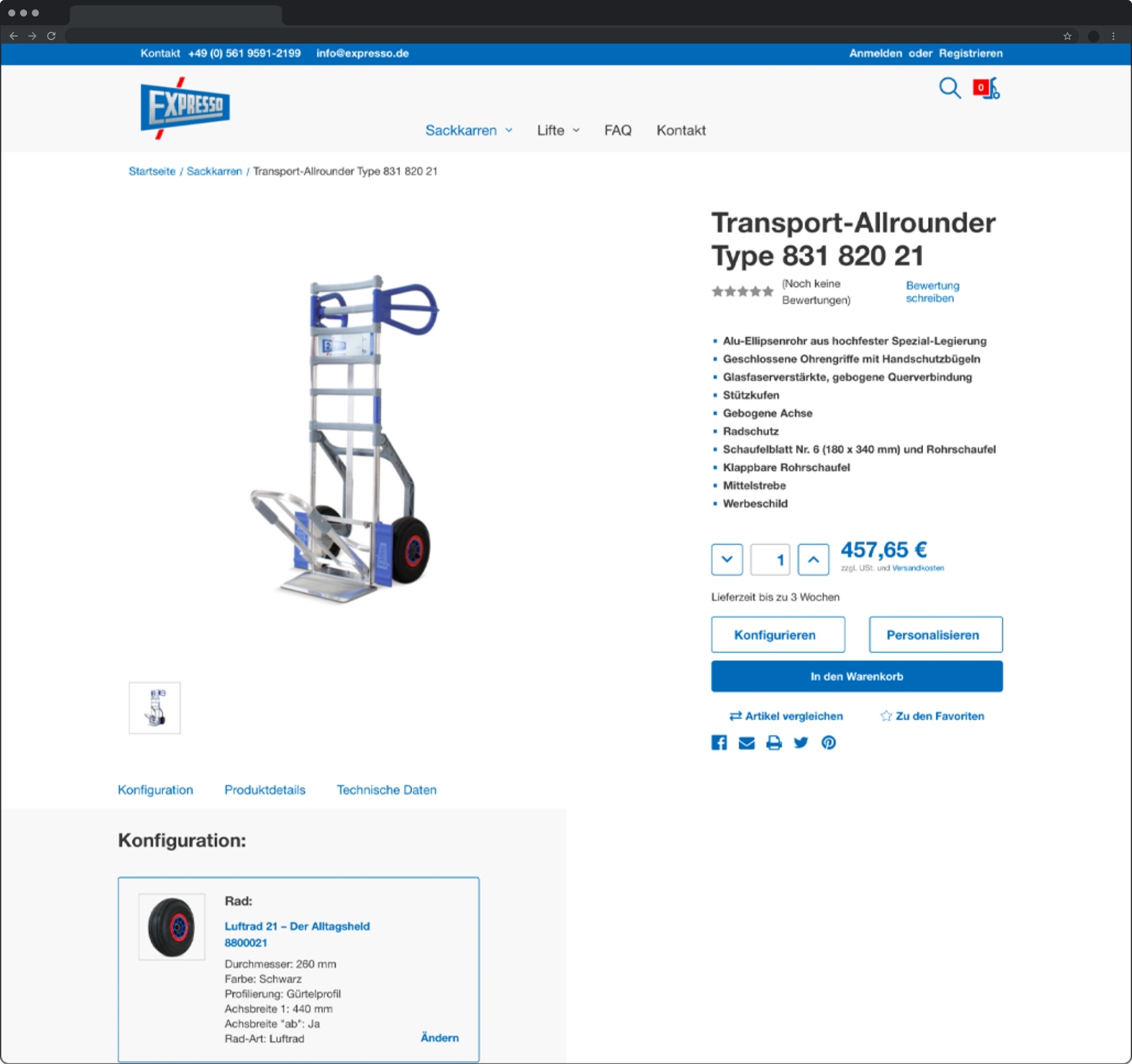 Das Bild zeigt eine Produktseite auf der Website von EXPRESSO. Im Mittelpunkt der Seite steht ein Transportwagen bzw. Sackkarren namens „Transport-Allrounder Typ 831 820 21“. Der Trolley wird prominent in der Mitte der Seite angezeigt. Unter dem Hauptproduktbild befinden sich zusätzliche Ansichten des Trolleys aus verschiedenen Blickwinkeln. Auf der rechten Seite sind die wichtigsten Produktdetails aufgeführt, darunter der Preis. Darüber hinaus gibt es Möglichkeiten, den Trolley zu konfigurieren, beispielsweise die Art der Räder auszuwählen.