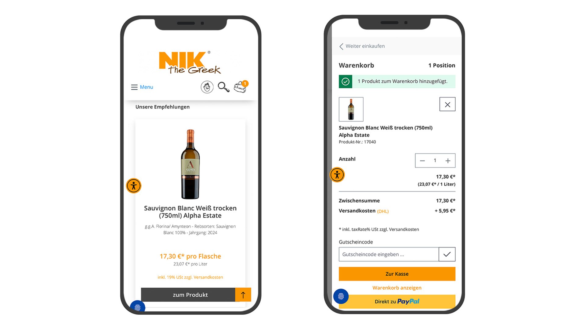 Mobile view of the Nik the Greek online store: a product recommendation for a Sauvignon Blanc and the shopping cart view with a price summary and checkout options