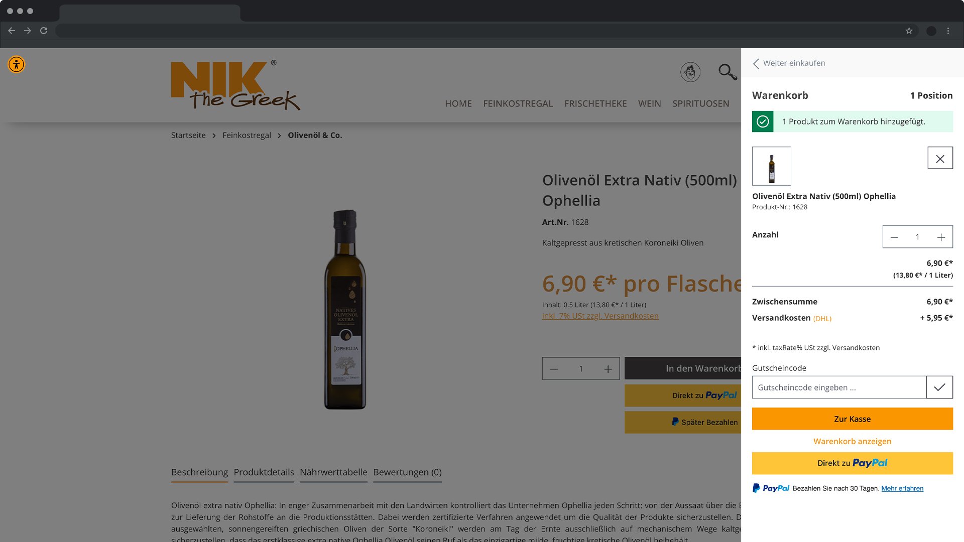 Desktop view of the Nik the Greek online store: product page for Ophellia Extra Virgin Olive Oil (500 ml) with an open shopping cart and checkout options.