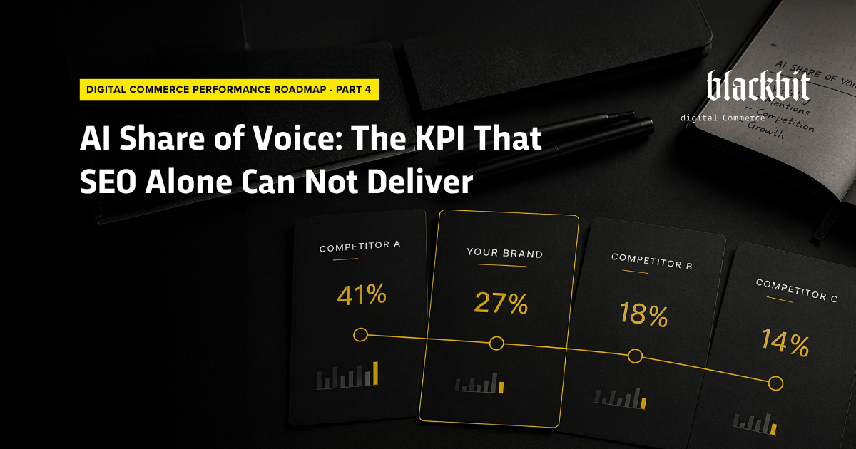 A graphical overview from Blackbit on the topic of ‘AI Share of Voice’: Four charts illustrate example market shares for the user’s own brand (‘Your Brand’) and three competitors, using percentages and diagrams.