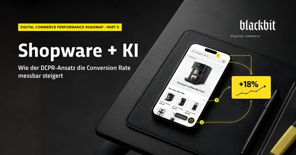 Shopware-Shop auf Smartphone mit KI-Suche, Empfehlungen und Chatbot, Grafik zeigt +18 % Conversion-Rate-Steigerung – Blogartikel „Shopware + KI" von Blackbit