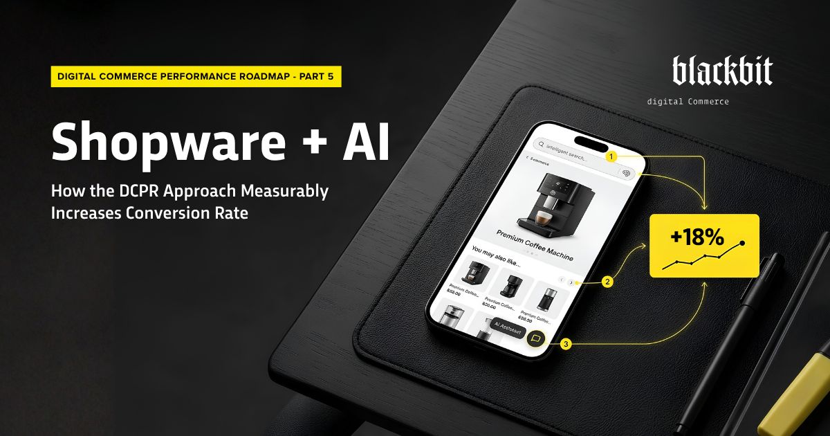 Shopware shop on a smartphone featuring AI search, recommendations and a chatbot; chart shows a +18% increase in conversion rate – blog article “Shopware + AI” by Blackbit