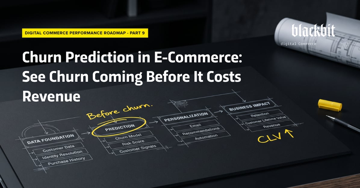 Blackbit Digital Commerce Performance Roadmap, Part 9: Cover image “Churn Prediction in E-Commerce: Identifying Customer Churn Before It Costs Revenue” in front of a sketched roadmap featuring the stages Data Foundation, Prediction, Personalization, and Business Impact.