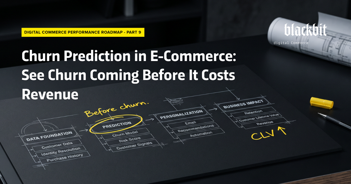 Blackbit Digital Commerce Performance Roadmap, Part 9: Cover image “Churn Prediction in E-Commerce: Identifying Customer Churn Before It Costs Revenue” in front of a sketched roadmap featuring the stages Data Foundation, Prediction, Personalization, and Business Impact.
