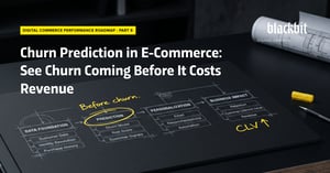 Blackbit Digital Commerce Performance Roadmap, Part 9: Cover image “Churn Prediction in E-Commerce: Identifying Customer Churn Before It Costs Revenue” in front of a sketched roadmap featuring the stages Data Foundation, Prediction, Personalization, and Business Impact.