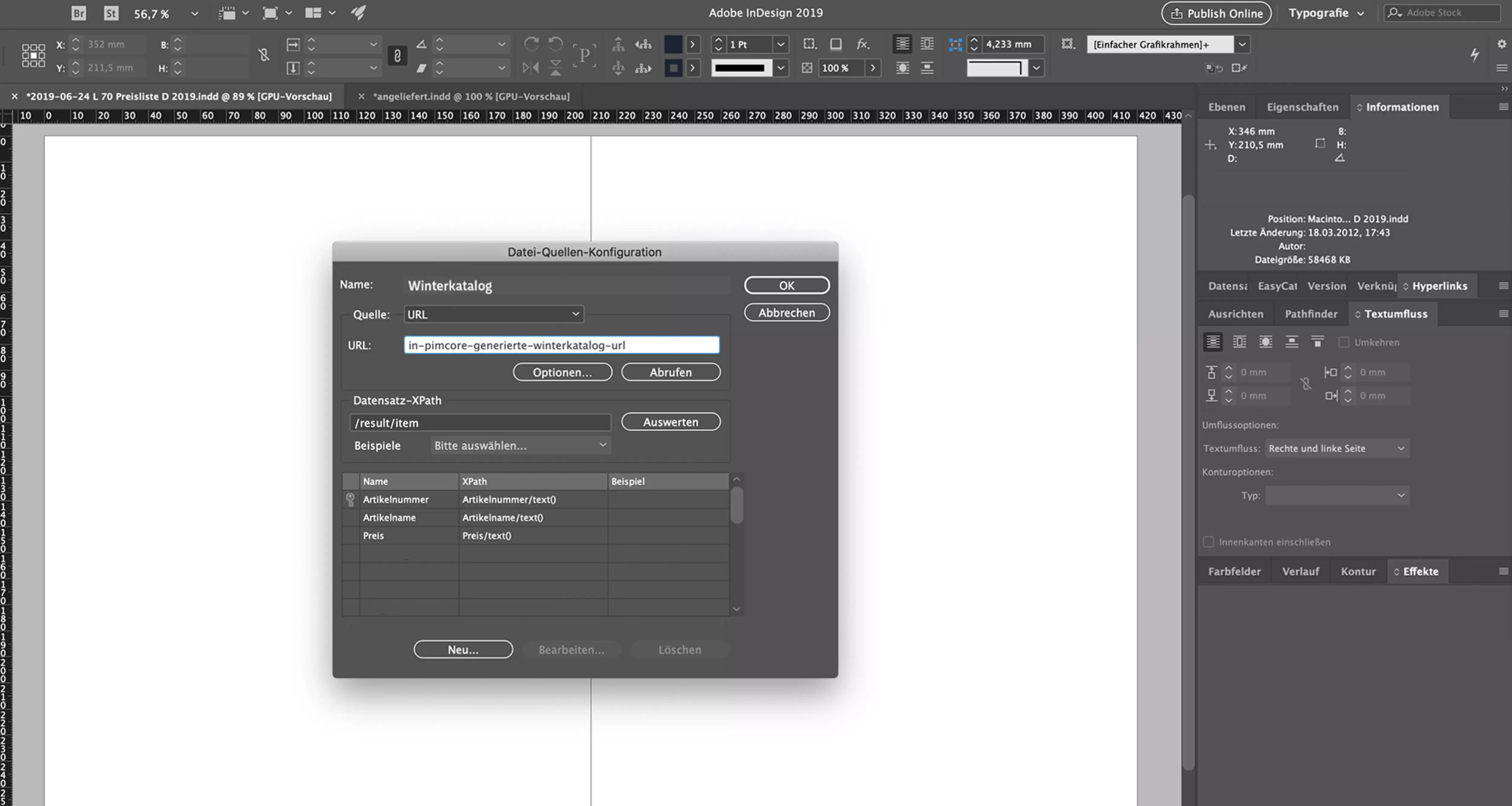 Screenshot der EasyCatalog-Oberfläche mit geöffnetem Fenster zur Konfiguration von Datenquellen, das Felder für Name, URL und Datenmatrix zeigt