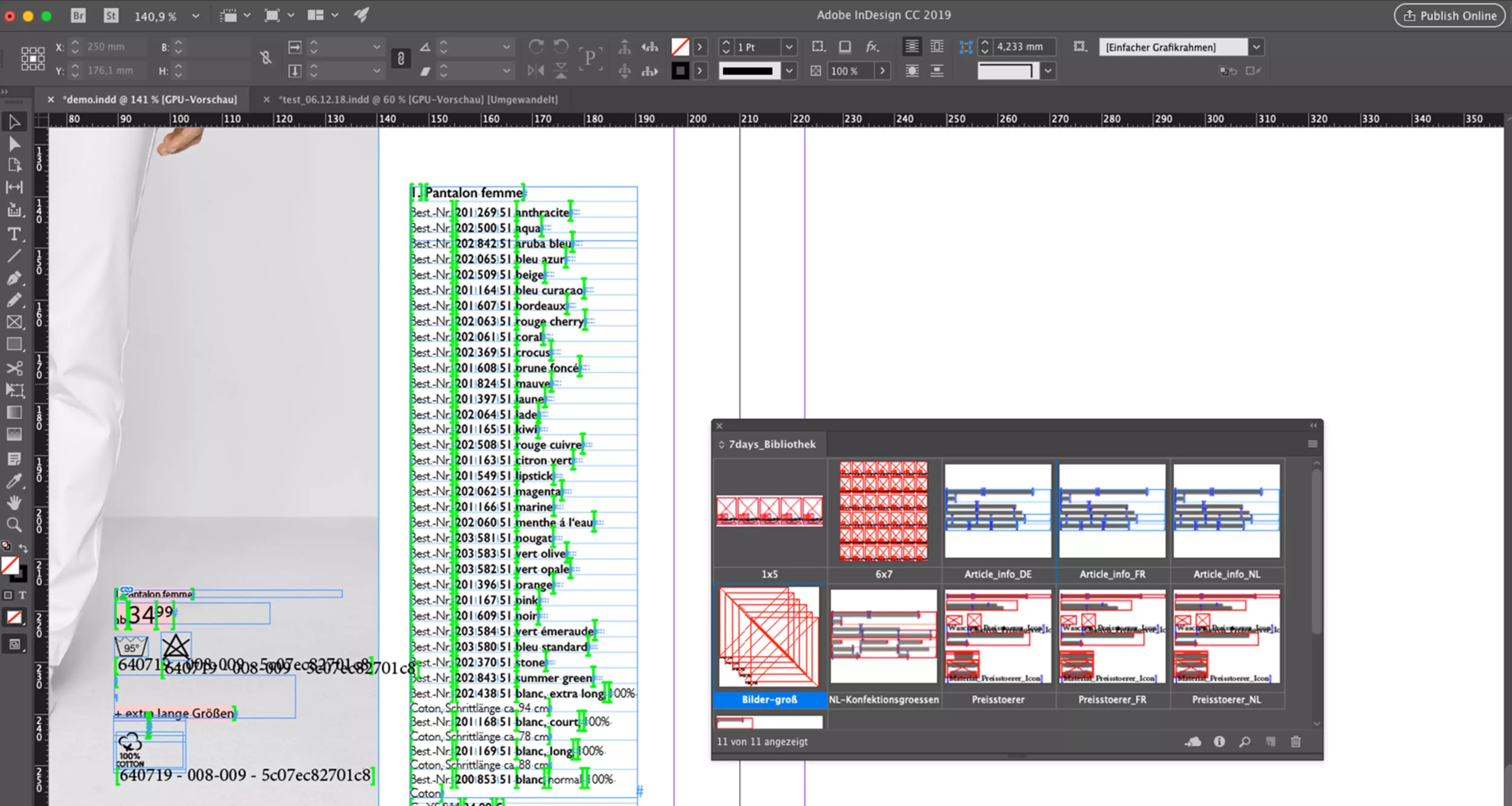 Screenshot der EasyCatalog-Benutzeroberfläche mit geöffnetem Dokument und mehreren Text- und Grafikrahmen sowie einem Fenster mit Miniaturansichten von Layoutvorlagen.