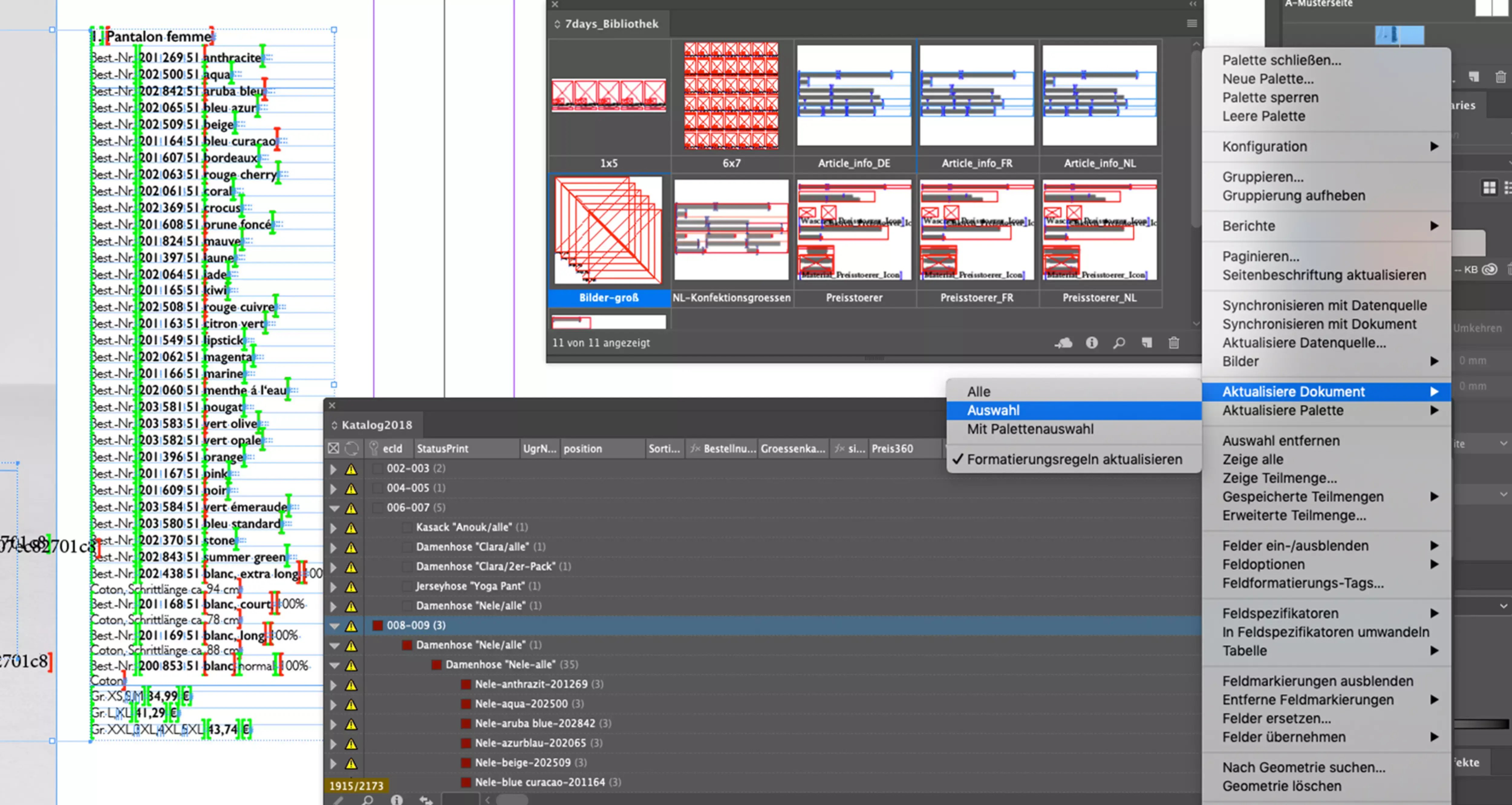Screenshot der EasyCatalog-Oberfläche mit mehreren geöffneten Fenstern, darunter eine Liste mit Textzeilen, Miniaturansichten von Dokumenten und ein Kontextmenü mit Optionen wie ‚Aktualisiere Dokument‘
