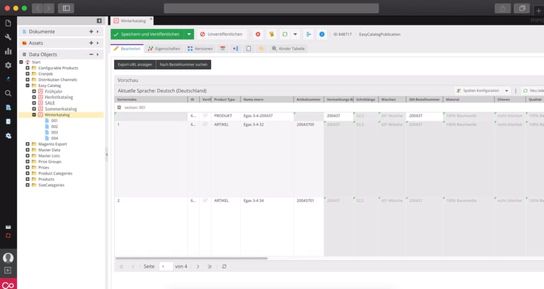 Ein Bildschirm zeigt die Verwaltung eines Winterkatalogs mit Artikeldaten in einer Pimcore-Oberfläche.