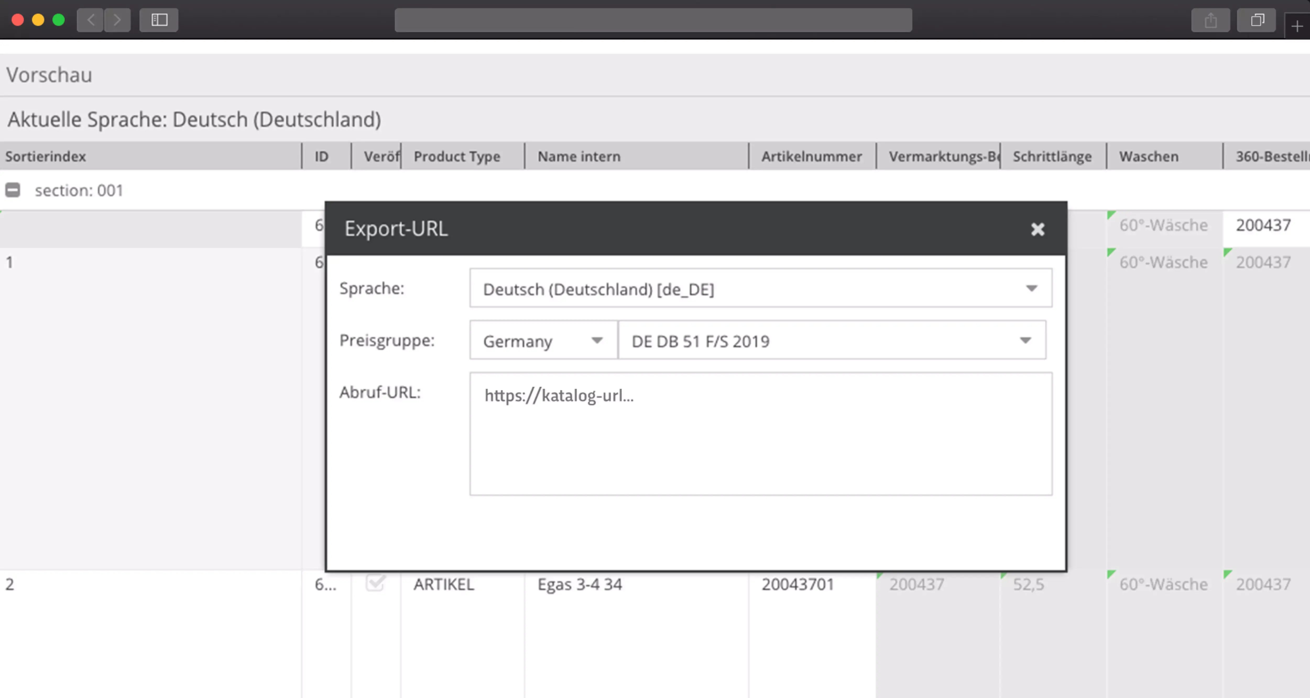 Vorschau eines Export-Dialogs mit Spracheinstellungen und URL für den deutschen Katalog.