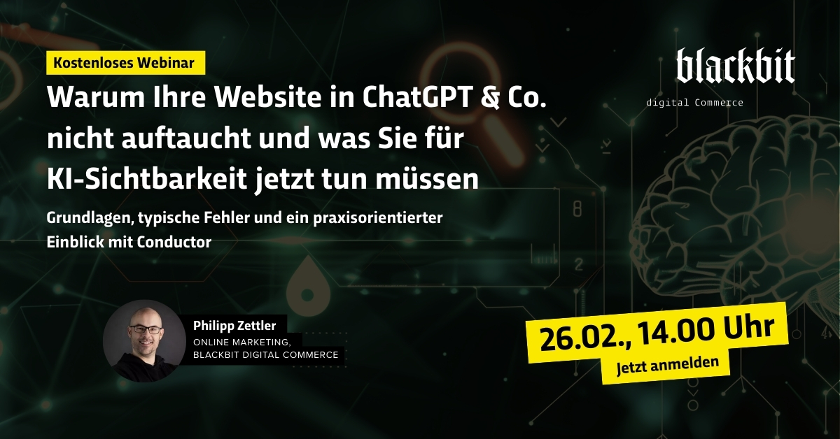 Ein Werbebanner für ein kostenloses Webinar über KI-Sichtbarkeit am 26.02. um 14:00 Uhr mit Philipp Zettler.